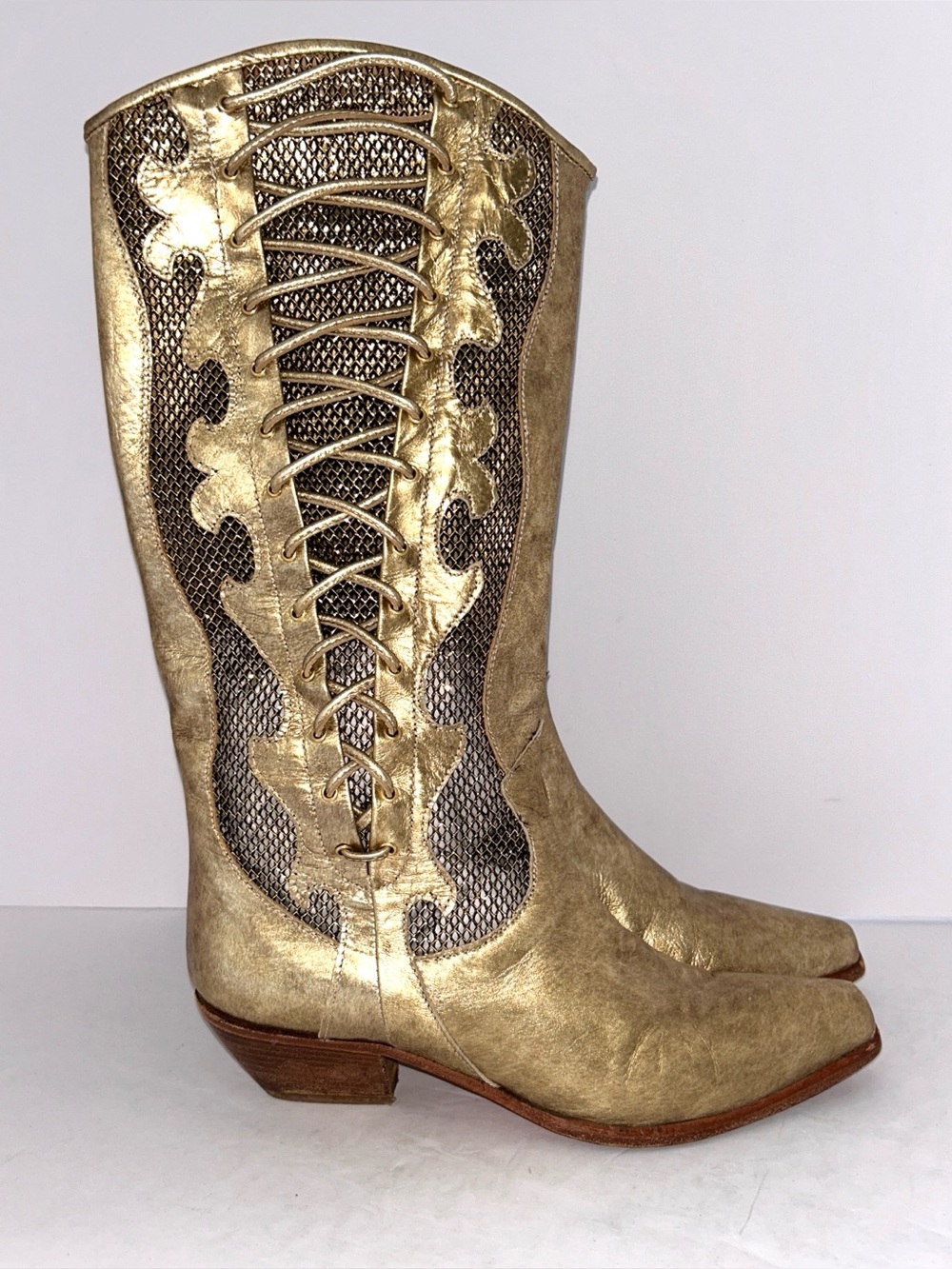 Lenni Gold Leather Cowboy Boots Cowgirl Western Italy Made 70s Inspired Size 7.5